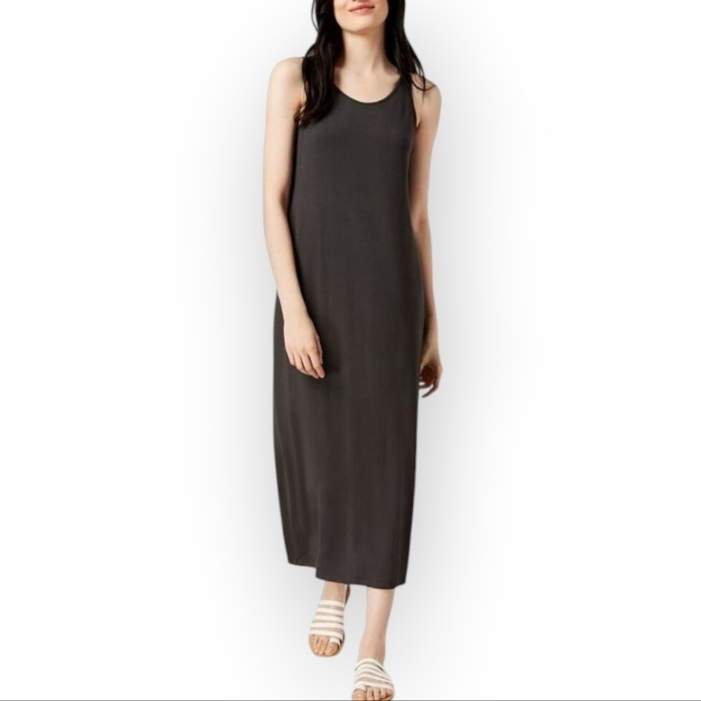 Eileen Fisher Viscose Jersey Scoop Neck Long Dress Grey Women's XS